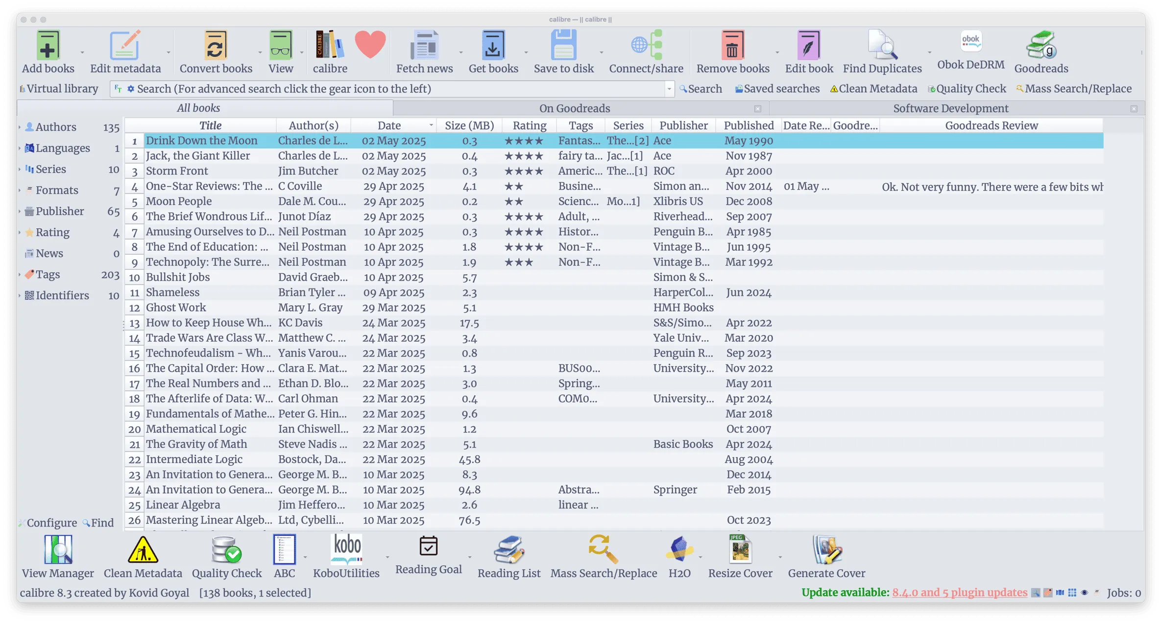 screenshot of my calibre library