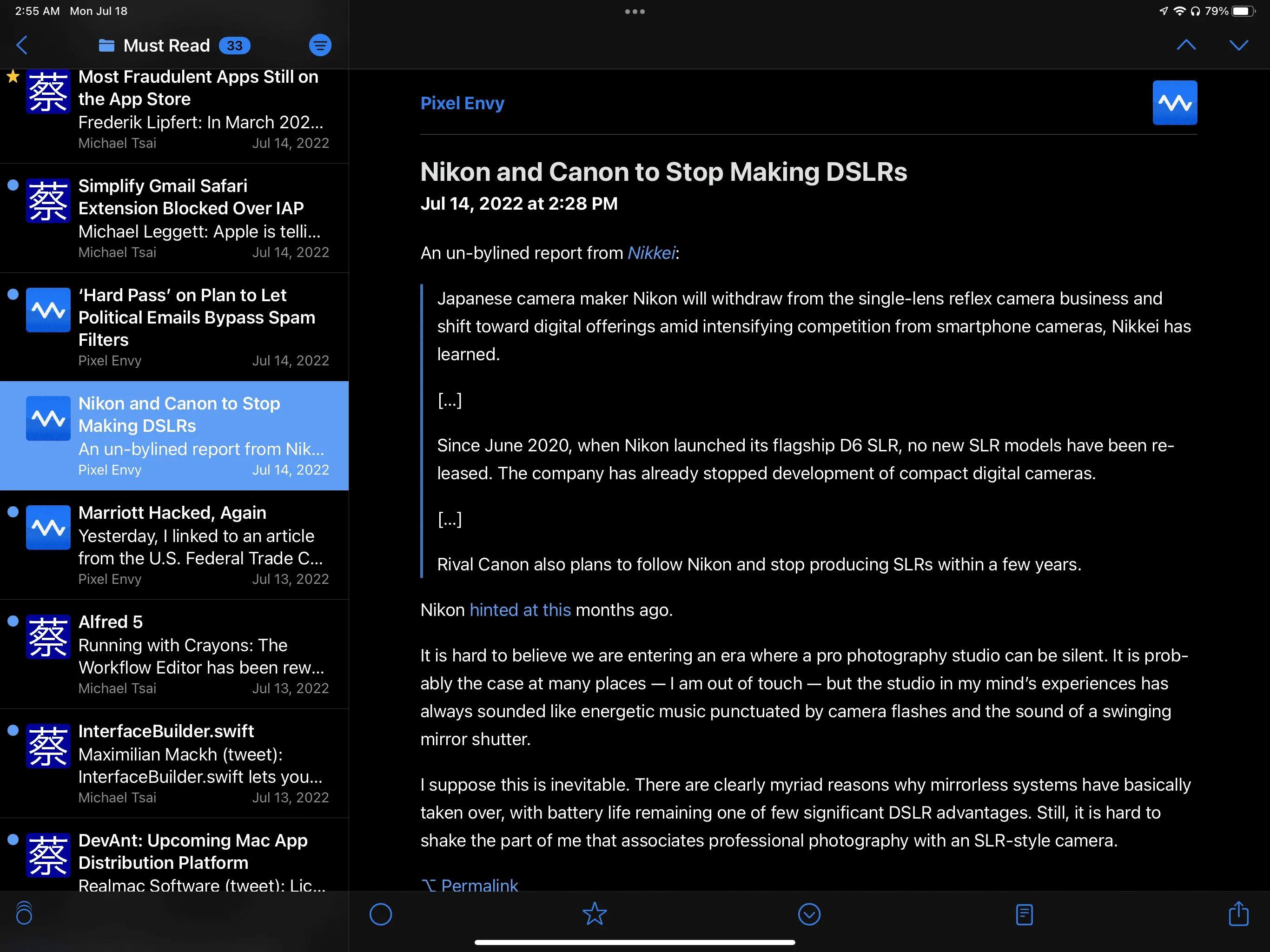 NetNewsWire iPad dark mode