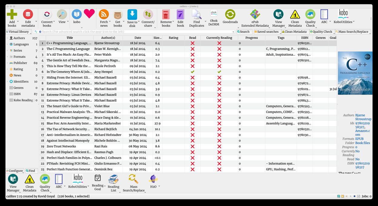 Screenshot of Calibre ebook management software on macOS