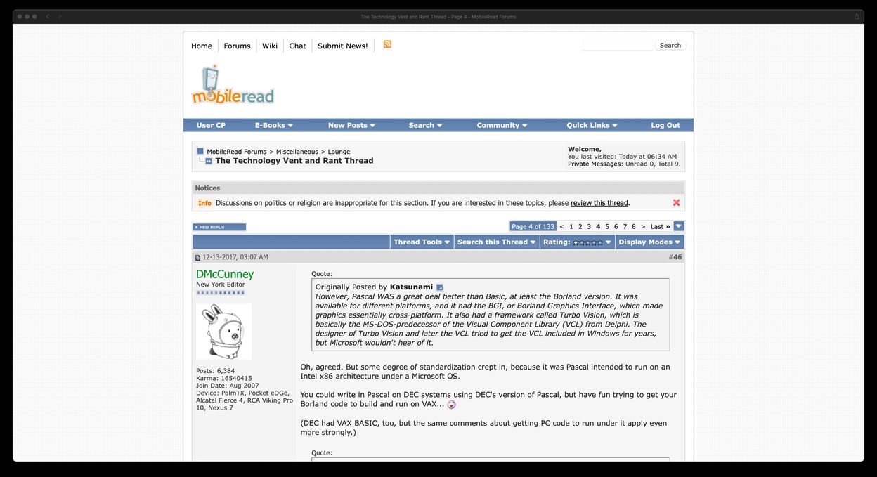 Screenshot of Mobileread forums as a desktop app on macOS